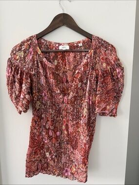 A.L.C. Red Multi-Color Printed Puff Sleeve Blouse